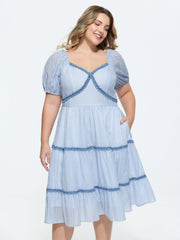 Gingham Print Color Contrast Tiered Midi Dress