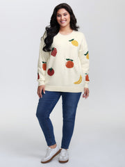 Supersoft Stretchy Fruit Pattern Ribbed Hem Pullover