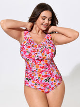 Floral Print Ruffled Neckline One-Piece Swim
