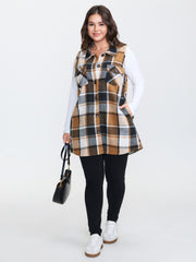 Plaid Button‑Front Sleeveless Jacket