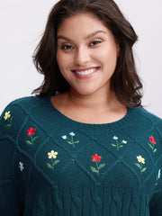 Floral Embroidered Cable Knit Pullover