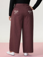 Cotton Bow Embroidery Pockets Plain Pants