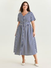Striped Print Shirred Button Detail Midi Dress