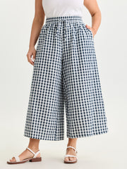 Cotton Checkered Print Wide Leg Pants