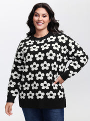 Floral Split Hem Color Contrast Pullover