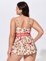 Floral Print Color Contrast Cut-Out Neckline Swim Top