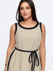 Linen Blend Tie Waist Contrast Trim Sleeveless Midi Dress