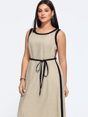 Linen Blend Tie Waist Contrast Trim Sleeveless Midi Dress