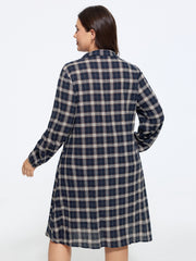 Cotton Plaid Print Lapel Collar Button Down Mini Dress