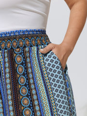 Boho Print Shirred Waist Wide-Leg Pants