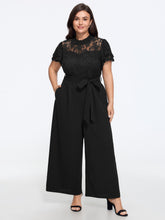 Lace Trim Short Sleeve Tie Waist Wide Leg Jumpsuit