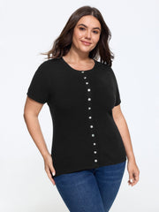 Textured Crew Neck Mixed Button Short Sleeve Cardigan