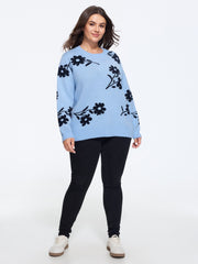 Floral Jacquard Crew Neck Loose Pullover