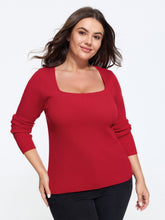 Stretchy Square Neck Ribbed Long Sleeve Pullover