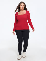 Stretchy Square Neck Ribbed Long Sleeve Pullover