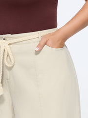 Solid Braided Tassel Drawstring Waist Wide Leg Pants