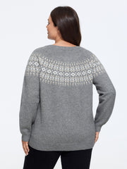 Crew Neck Nordic Jacquard Button Front Cardigan