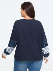 Cotton V Neck Patchwork Long Sleeve Sweatshirt