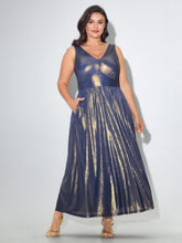 Stretchy Metallic Shimmer V-Neck Pockets Maxi Dress