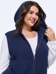 Textured Full Zip Drawstring Hooded Sweater Vest
