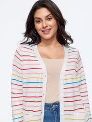 Multi‑Color Striped Patch Pockets Cardigan