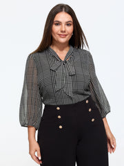 Plaid V‑Neck Bow Tie Front Blouse