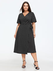 Grid Print Side Tie Wrap Midi Dress