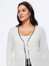 Scalloped Contrast Trim Tie‑Front Cut Out Cardigan