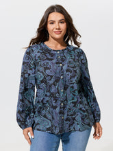 Cotton Ruffle Neck Paisley Print Button Front Blouse