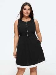 Round Neck Button Detail Ruffle Hem Mini Dress