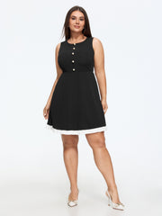 Round Neck Button Detail Ruffle Hem Mini Dress