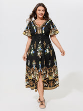 Baroque Floral Print Front Split Maxi Dress