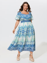Boho Print Ruffle Sleeve Shirred Waist Midi Dress
