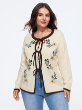 Floral Embroidery Contrast Trim Tie Front Cardigan