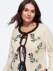 Floral Embroidery Contrast Trim Tie Front Cardigan