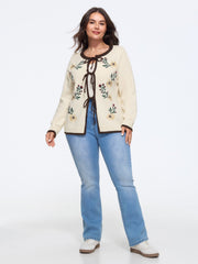 Floral Embroidery Contrast Trim Tie Front Cardigan