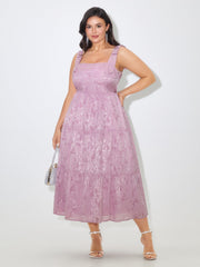 Square Neck Bow Shoulder Jacquard Tiered Maxi Dress