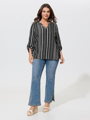 Boho Geometric Print Roll‑Tab Sleeve Blouse
