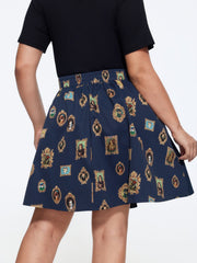 Retro Cat Frame Print Pockets Skirt