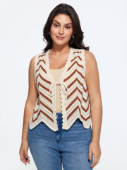 Scallop Edge Chevron Knit Front Tie Sweater Vest