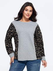 Round Neck Leopard Spliced Casual Sweatshirt
