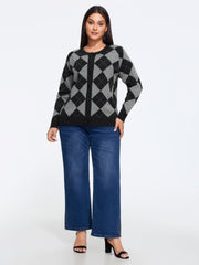 Supersoft Round Neck Argyle Button‑Down Cardigan