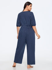 Stretch Polka Dot Print Drawstring Waist Lounge Jumpsuit