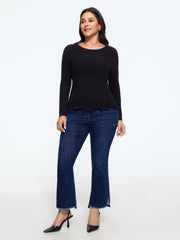 Round Neck Scalloped Wavy Hem Fitted Pullover