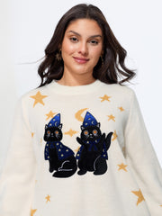 Witch Cat Jacquard Crew Neck Pullover