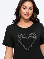 Rhinestone Skeleton Hand Heart Graphic T-Shirt