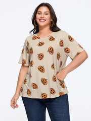 Stretch Pumpkin Print Crew Neck T‑Shirt