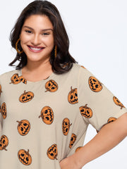 Stretch Pumpkin Print Crew Neck T‑Shirt