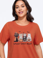 Cute Mummy Ghost Skeleton Cat Print Casual T‑Shirt