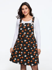 Ghost Pumpkin Print Adjustable Strap Overall Mini Dress